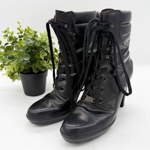 Tod's Black Leather Lace Up Heeled Ankle Boots Size 37.5 Minimalist Designer